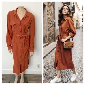 [Cotton Club] Burnt Orange Copper Button Down Safari Shirtdress Midi NWT Sz XXL